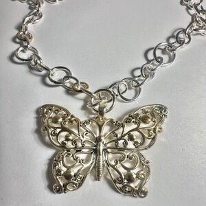 Oversized 3” Butterfly Statement Necklace – Silver Tone Filigree Boho Jewelry